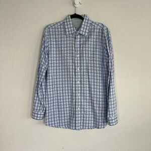 PRONTO UOMO Mens Cotton Long Sleeve Button Up Blue Plaid Abstract Shirt Large